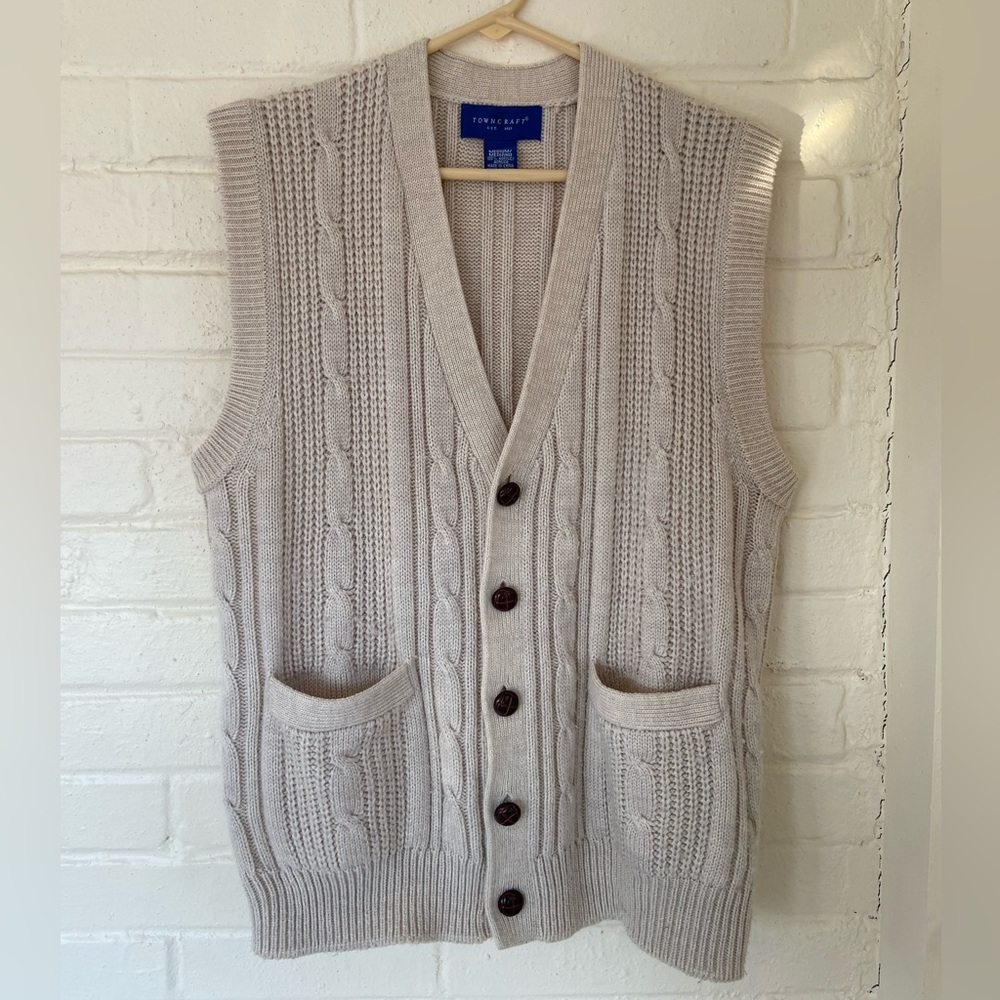 Vintage Cream Grandpa Fisherman Cable Knit Button Sweater Vest